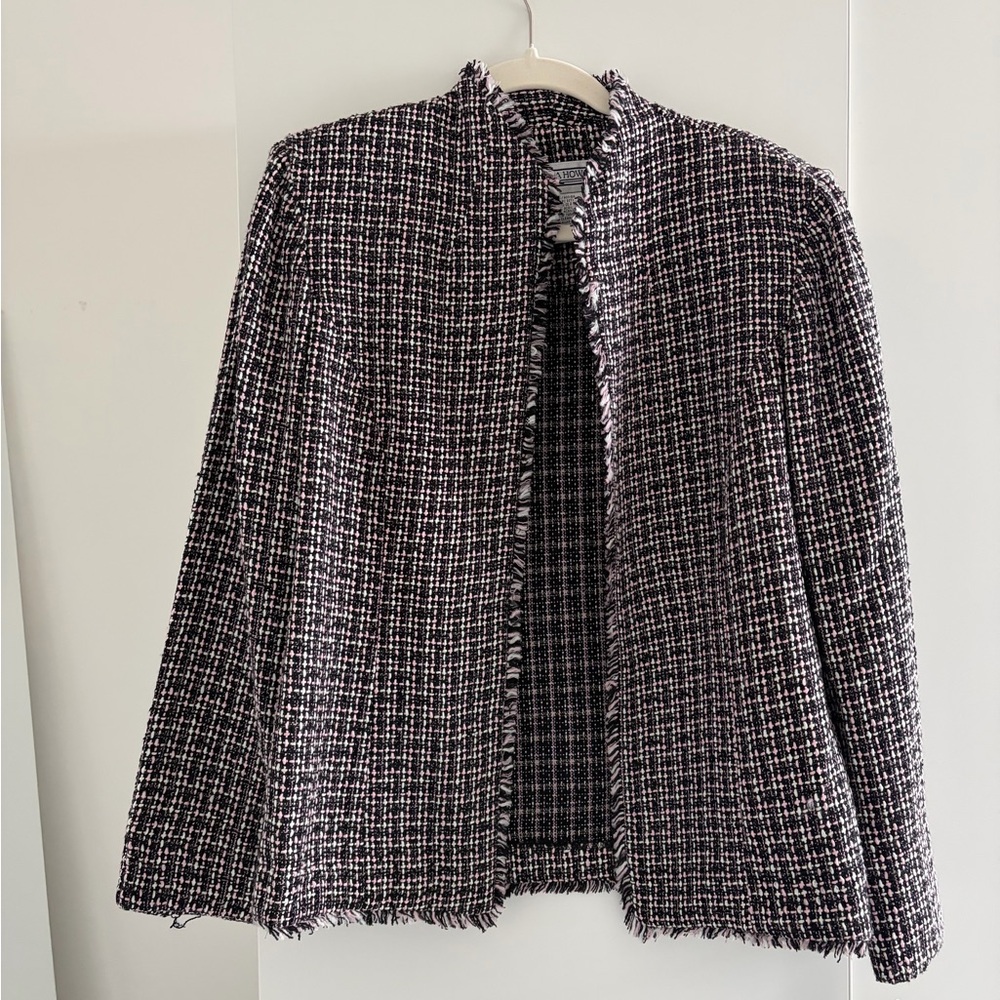 Jessica Howard Black, White &Pink Tweed Fringe Open-Front Blazer